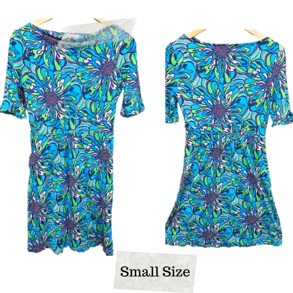 Lilly Pulitzer Silk Floral Print3/4 Sleeve Dress Blue Green Pink Sz S - Picture 1 of 12